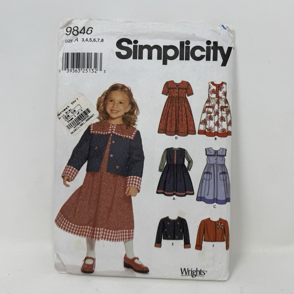 Simplicity 9846 Girl Child Dress Jumper Jacket Size A 3-8 Sewing‎ Pattern Uncut